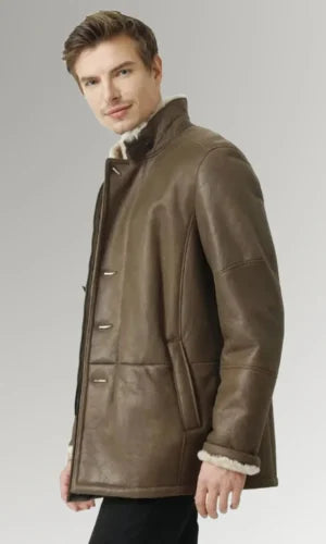 Men Leather Buttoned Mid Length Coat