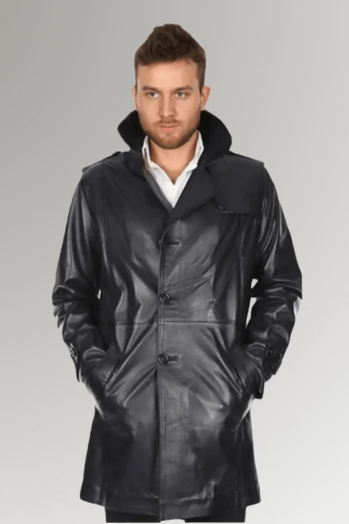 Men's Buttoned Leather Trench Coat