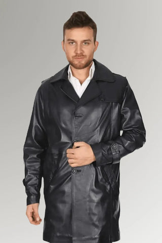 Men's Buttoned Leather Trench Coat