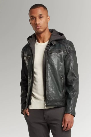Men's Black Motor Biker Hooded Leather Jacket