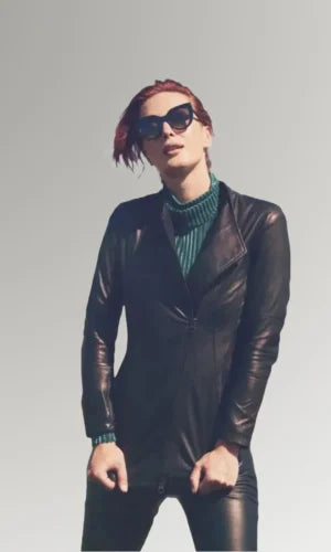 Women's Dark Green Hip-Length Biker Leather Jacket