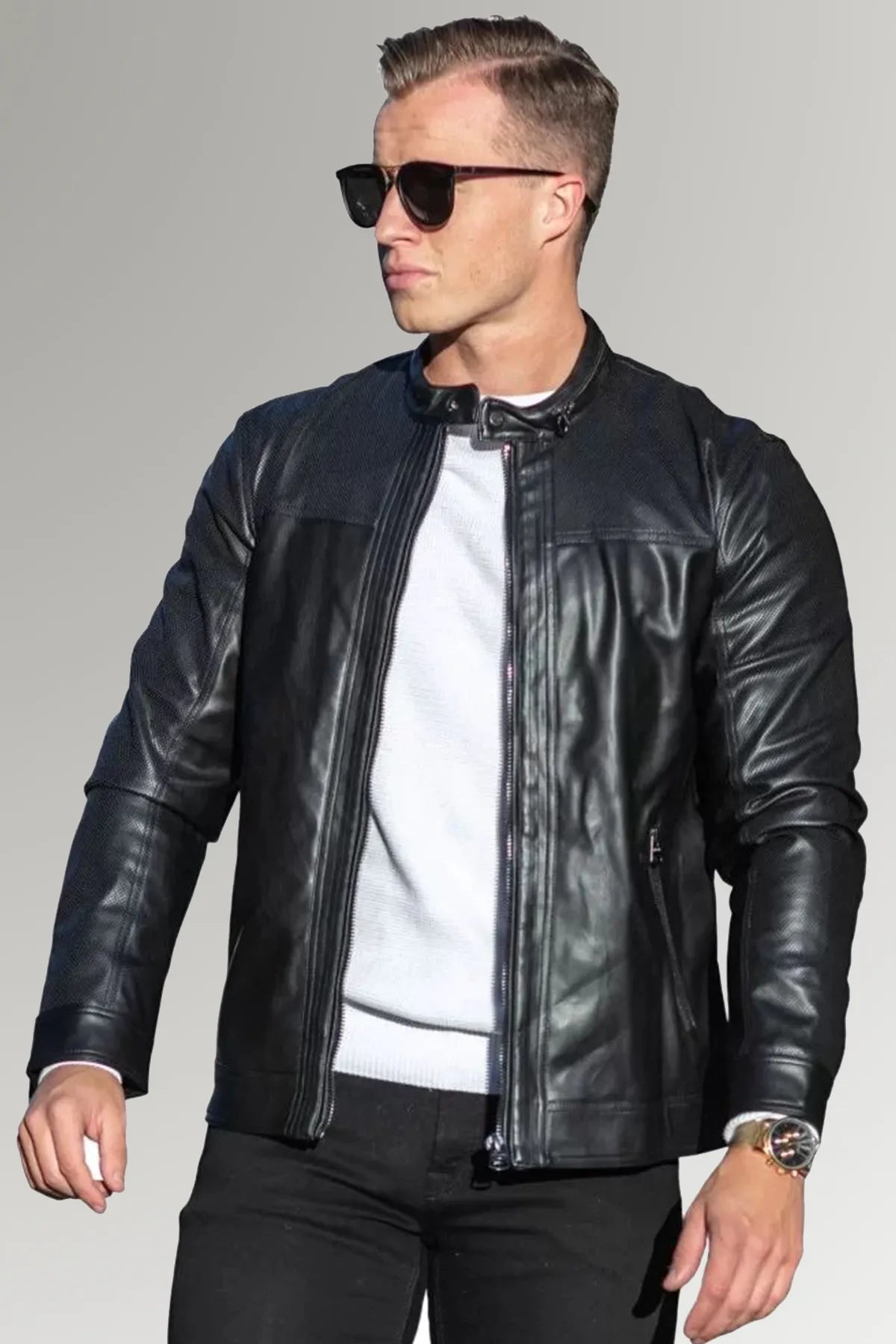 Men's Black Cafe Racer Biker Leather Jacket 