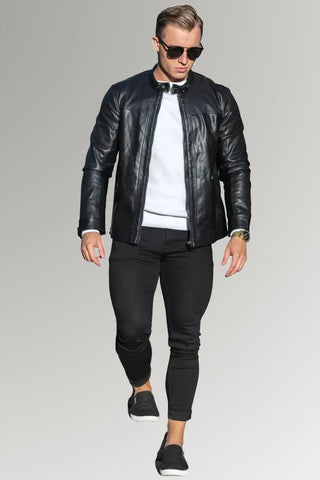 Men's Black Cafe Racer Biker Leather Jacket