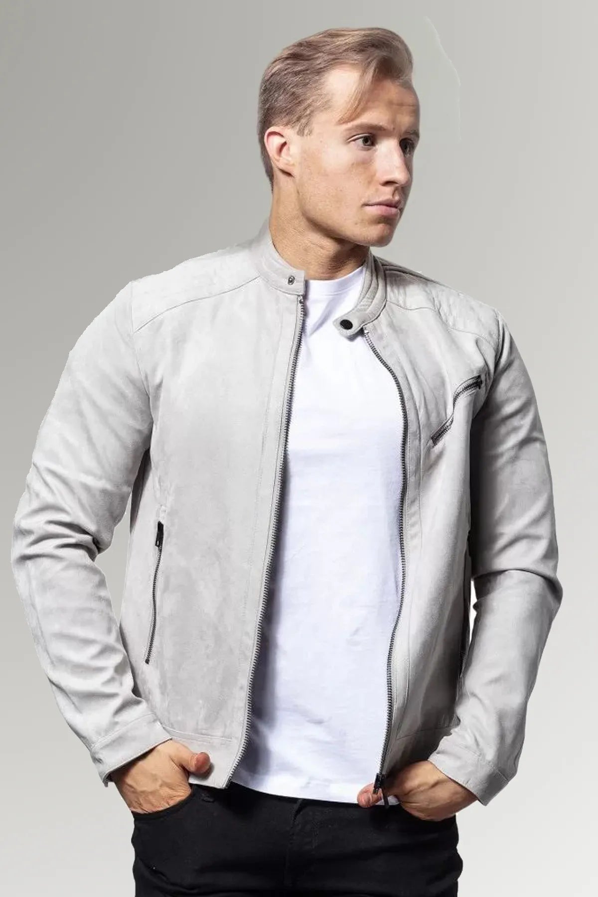 Men's Light Gray Suede Leather Jacket