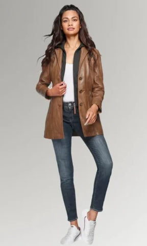 Women's Brown Leather Coat with zipper