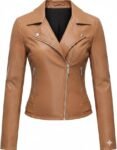 Women's Leather Motorcycle Jacket, Tan Cropped Biker Style, Fitted Design with Zip Details
