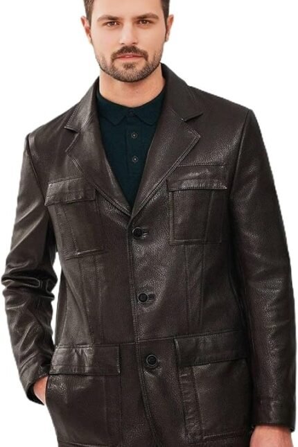 Men's Dark Brown Textured Leather Jacket – Button Closure, Notched Lapel, Flap Pockets, Classic Structured Fit