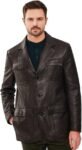 Men's Dark Brown Textured Leather Jacket – Button Closure, Notched Lapel, Flap Pockets, Classic Structured Fit
