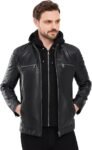 Men's Leather Biker Jacket – Quilted Shoulders, Asymmetrical Zip, Hoodie Layered Style with Zippered Pockets