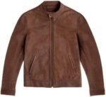 Men’s Classic Brown Leather Stand Collar Jacket – Premium Smooth Real Leather, Casual Moto Style