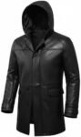 Leather Style Men's Hooded Trench Coat, Black Leather, Long Length, Button Front Closure, Fitted Design with Hood