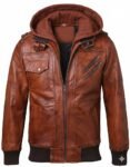 Men’s Brown Leather Jacket with Removable Hood – Classic Motorcycle Style, Multi-Pocket Design, Ribbed Cuffs & Hem