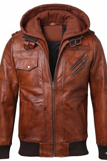 Men’s Brown Leather Jacket with Removable Hood – Classic Motorcycle Style, Multi-Pocket Design, Ribbed Cuffs & Hem