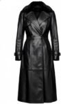 Women's Long Black Leather Trench Coat with Fur Collar, Double-Breasted, Belted Waist, Full Length Winter Outerwear