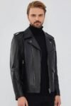 Men's Black Leather Biker Jacket – Asymmetrical Zip, Notched Lapel, Epaulets & Multi-Pocket Moto Style