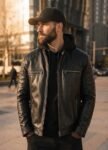 Mens Noir Premium Black Quilted Biker Leather Moto Jacket.