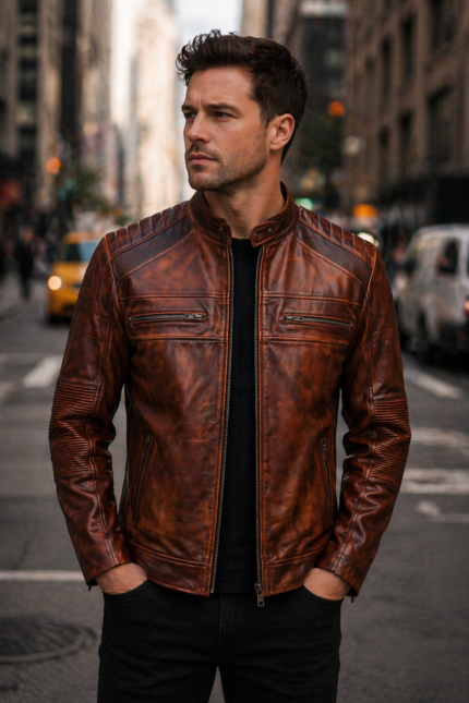 Men’s Antique Brown Café Racer Leather Jacket – Vintage Distressed Moto Jacket
