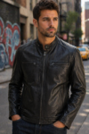 Austin Noir Slim Fit Black Leather Biker Jacket for Men