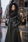 Aurora Black Fur Hood Long Leather Coat For Womenn