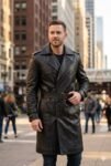 Black Distressed Leather Trench Coat for Men