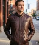 George Bordeaux Dark Brown Quilted Leather Racer Jacket