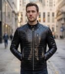 Croc Vintage Black Faux Crocodile Leather Racer Jacket