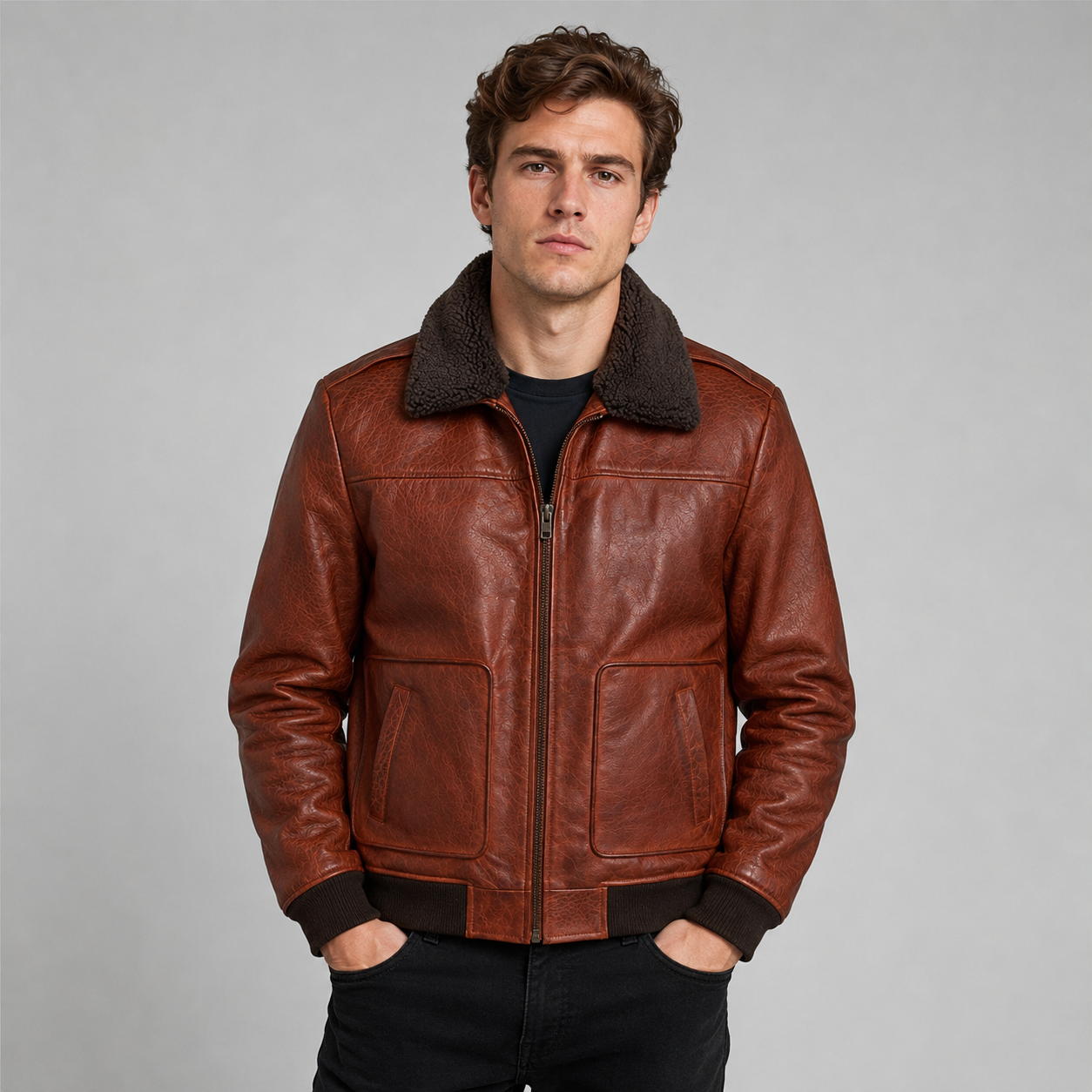 Men's Brown Leather Jacket with Fur Front Studio