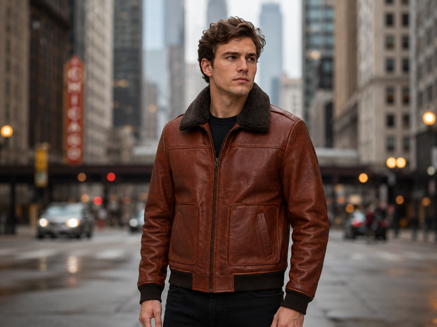 Men's Brown Leather Jacket with Fur Front