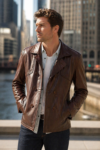 Bernard Kingston Slimfit Brown Leather Pea Coat