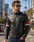 Nitro Black Leather Cafe Racer Jacket with Racing Stripes
