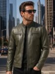 Olive Green Premium Leather Racer Jacket