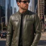 Olive Green Premium Leather Racer Jacket