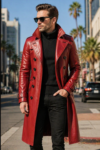 Men's Handcrafted Red Lambskin Leather Trench Coat – Double-Breasted with Quilted Lining