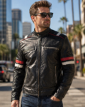 Nitro Black Leather Cafe Racer Jacket with Racing Stripes