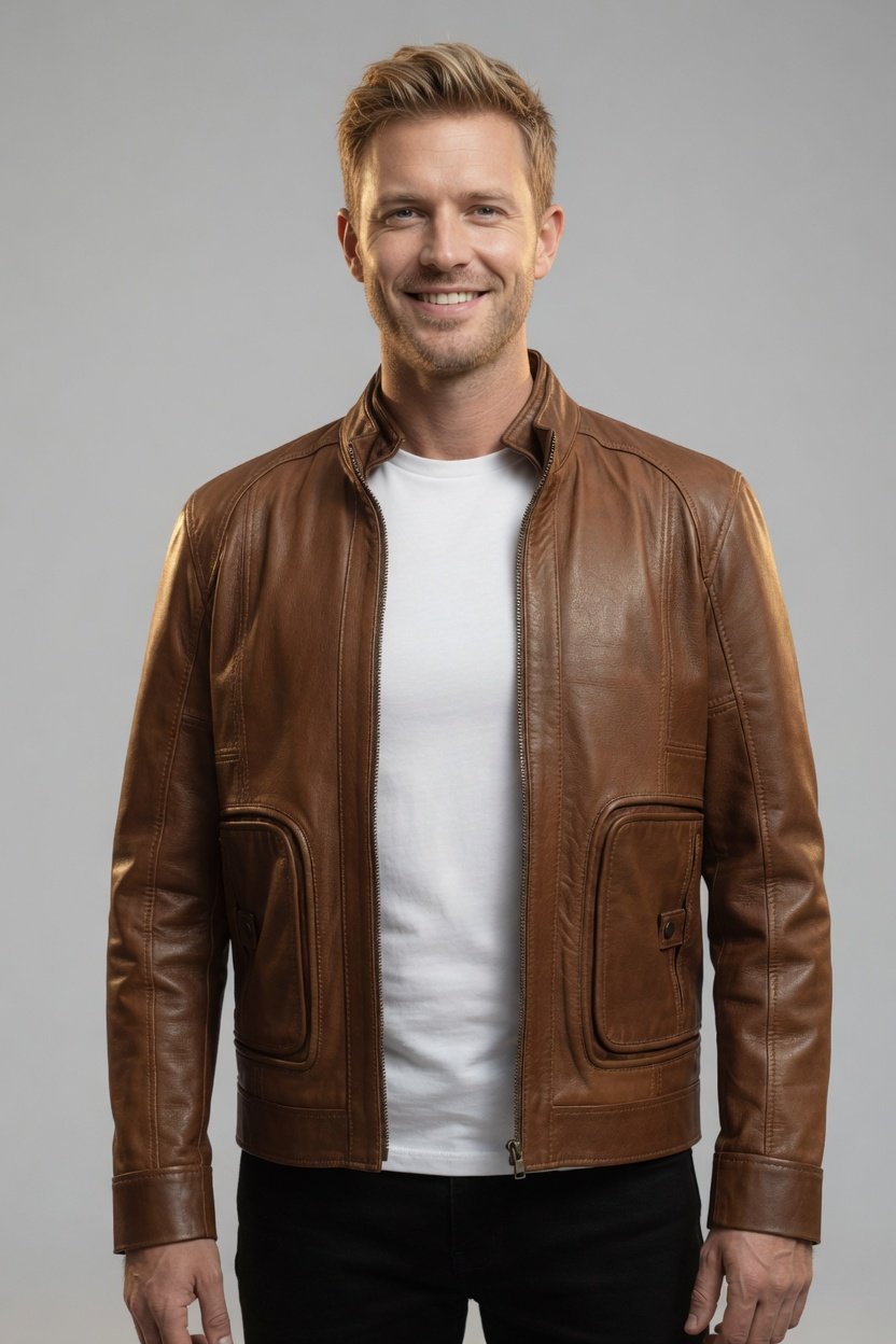Samuel Brown Cafe Racer Leather Jacket Front Studio