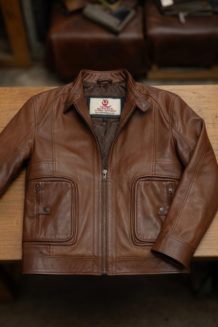 Samuel Brown Cafe Racer Leather Jacket Table