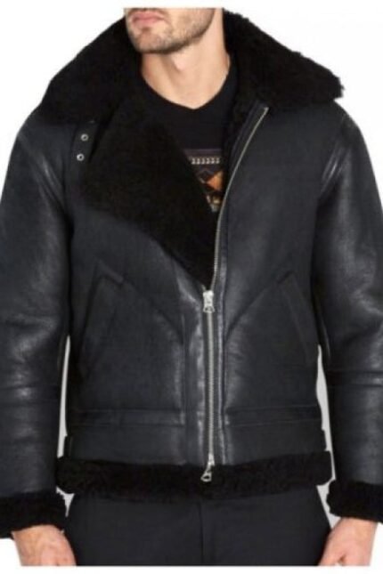 B3 Bomber Sheepskin Shearling Leather Jacket | Real Sheepskin Black Fur