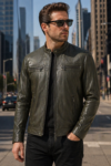 Olive Green Premium Leather Racer Jacket