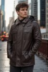 Zane Dark Brown Hooded Leather Jacket for Men