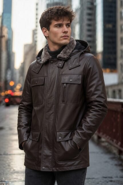 Zane Dark Brown Hooded Leather Jacket for Men