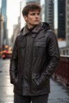 Zane Dark Brown Hooded Leather Jacket for Men