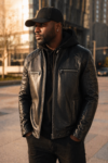 Men's Leather Biker Jacket – Quilted Shoulders, Asymmetrical Zip, Hoodie Layered Style with Zippered Pockets