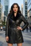 Carmen Obsidian Premium Leather Fur-Collar Trench Coat