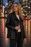 Brenda Free Style Sheepskin Black Leather Coat for Women's