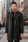 Aaron Men's Black Long Trench Leather Coat With Hood