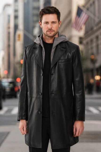 Aaron Men's Black Long Trench Leather Coat With Hood