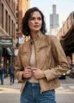 Alicia Sandstone Cropped Premium Leather Jacket