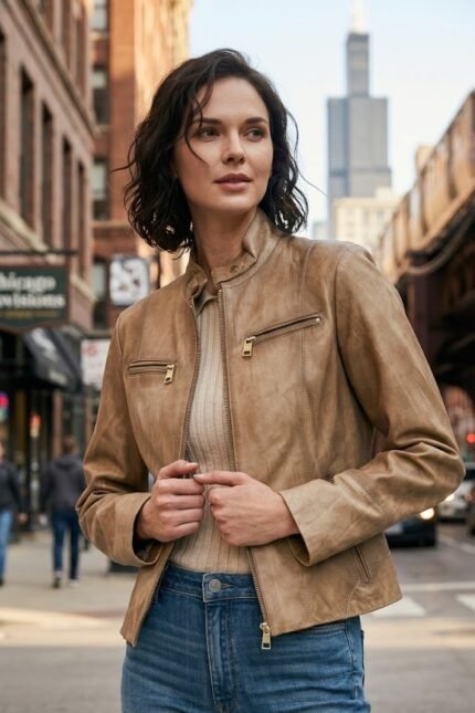 Alicia Sandstone Cropped Premium Leather Jacket