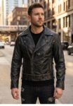 Brando Charcoal Distressed Leather Biker Jacket