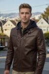 Heritage Brown Hooded Leather Racer Jacket